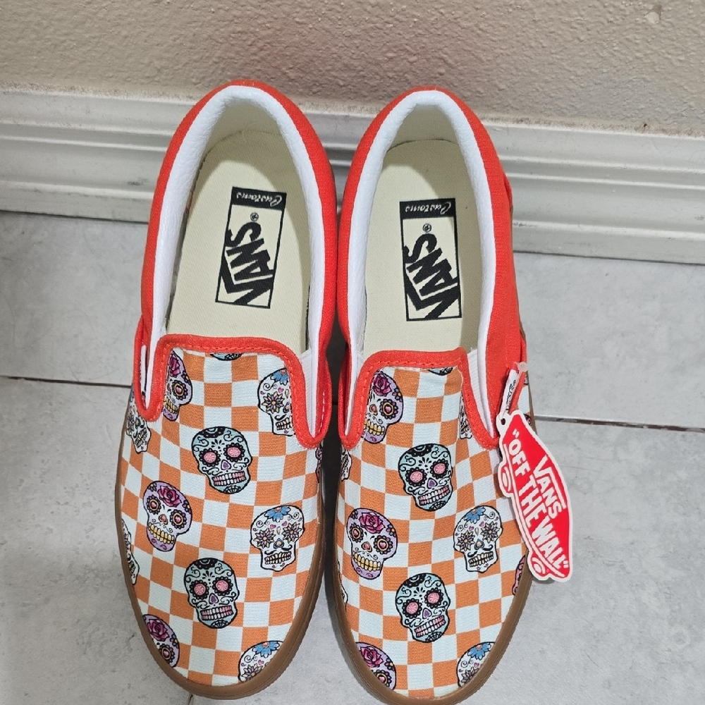 Vans womans' Orange Checkered Skull Sneakers  Custom Made not bought in store